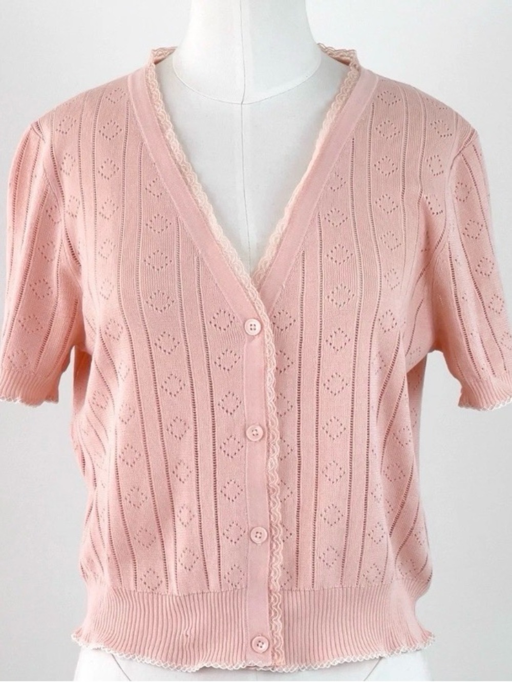 J. Crew Soft Pink Short-Sleeve Eyelet V-Neck Cardigan
